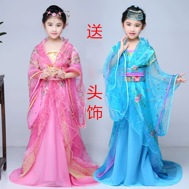 Trang phục cổ đại mới của trẻ em cổ tích hanfu hoàng gia thiếp nhỏ đuôi Đường trang phục công chúa trình diễn trang phục - Trang phục