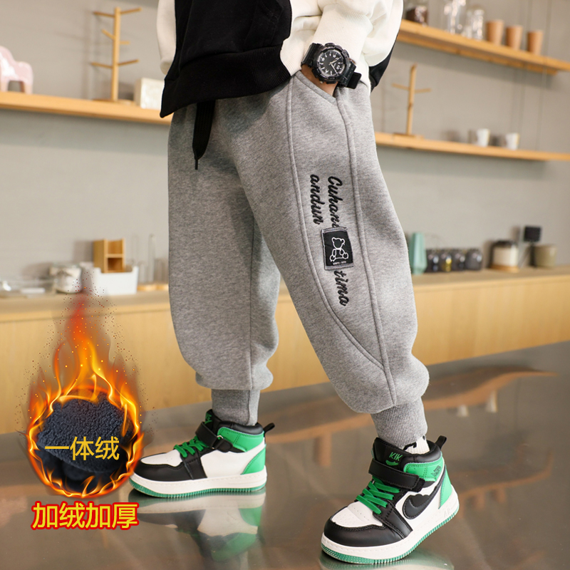 Boy pants autumn winter style Han version in Korean version Children's winter sweatpants garnter thickened and integrated suede baby sports pants-Taobao