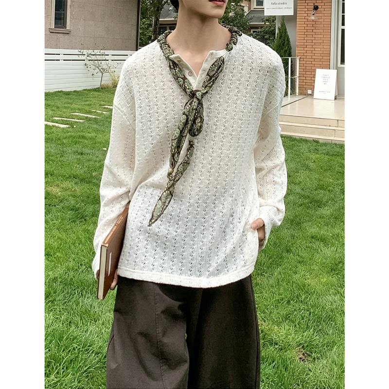 Fmario【Wind Kiss on the Neck】Plant-Patterned Printed Silk Scarf, Hollow-Out Knitwear, Sun Protection, Unisex Henley Collar Inner Wear