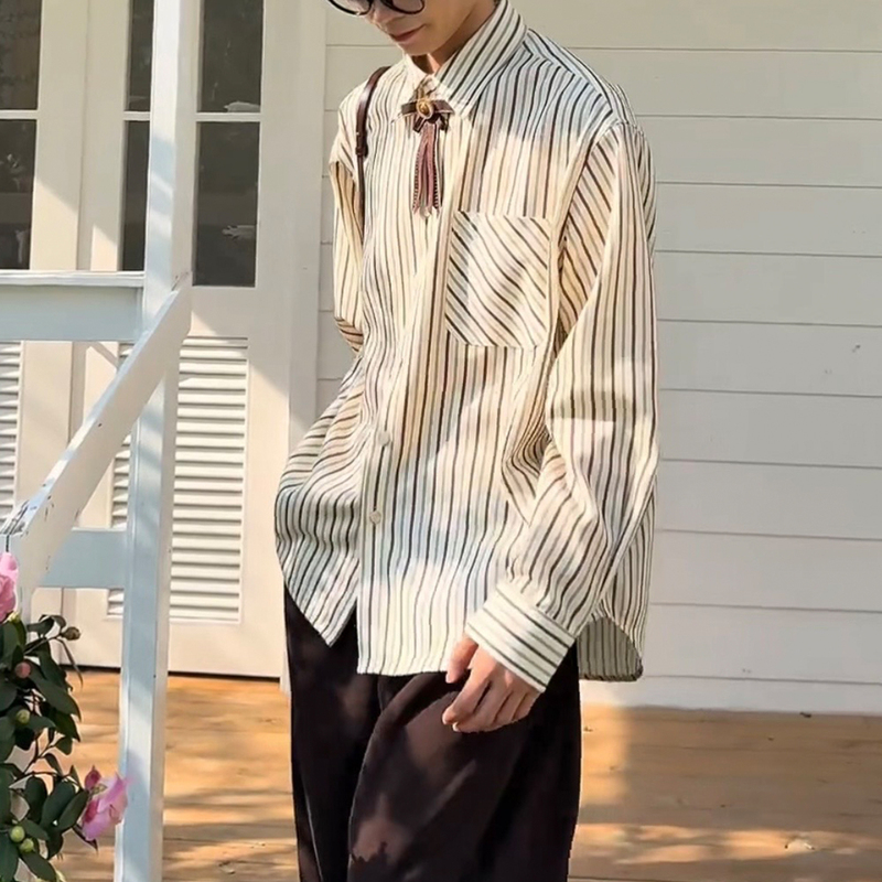 Fmario【Spring Canvas】Vintage Academy Style Bow Tie Melard Striped Shirt Sleeves for Men and Women Outerwear