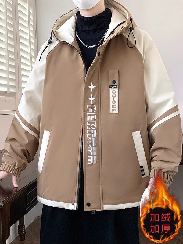 Fleece-Lined and Thickened Men's Jacket, Winter Trendy Korean Style Workwear Jacket, Casual Outerwear for Young Men and Students