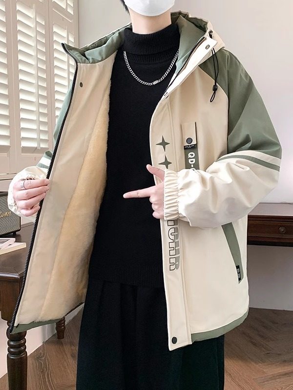 Fleece-Lined and Thickened Men's Jacket, Winter Trendy Korean Style Workwear Jacket, Casual Outerwear for Young Men and Students