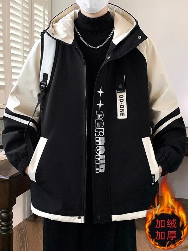 Fleece-Lined and Thickened Men's Jacket, Winter Trendy Korean Style Workwear Jacket, Casual Outerwear for Young Men and Students