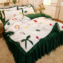 Korean lace bow brushed bed skirt four-piece set Spring and autumn fresh small rainbow duvet cover green sheets three-piece set