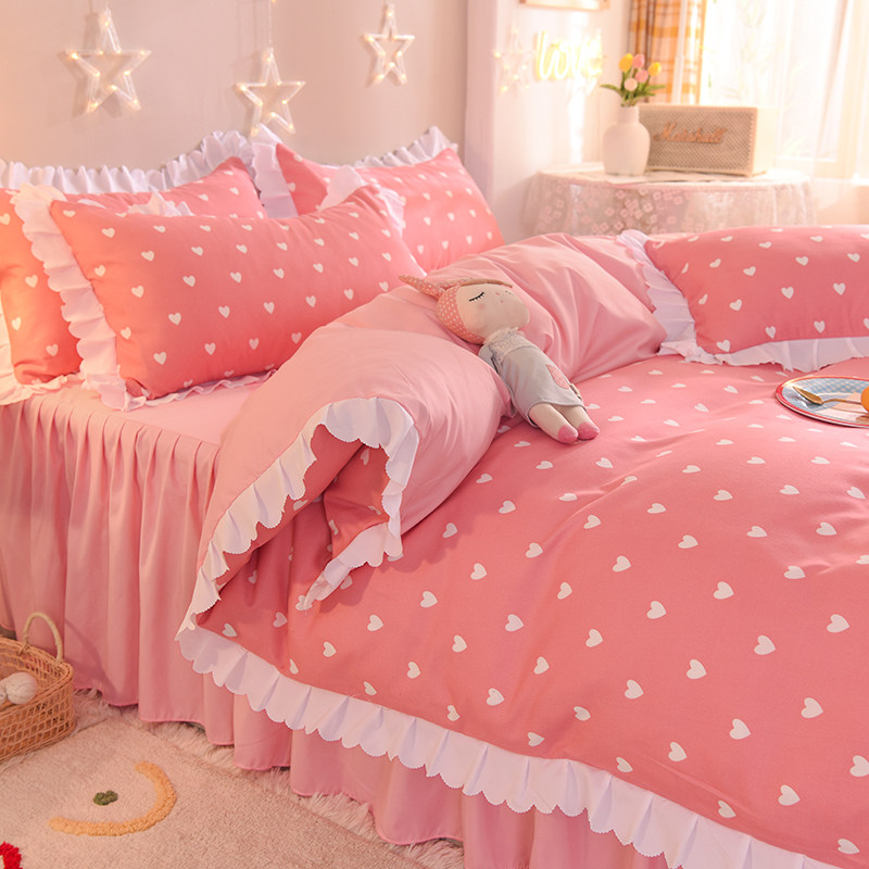 Fairy love small fresh bed skirt four sets of lace pink girl heart quilt cover three sets of Korean style spring and autumn