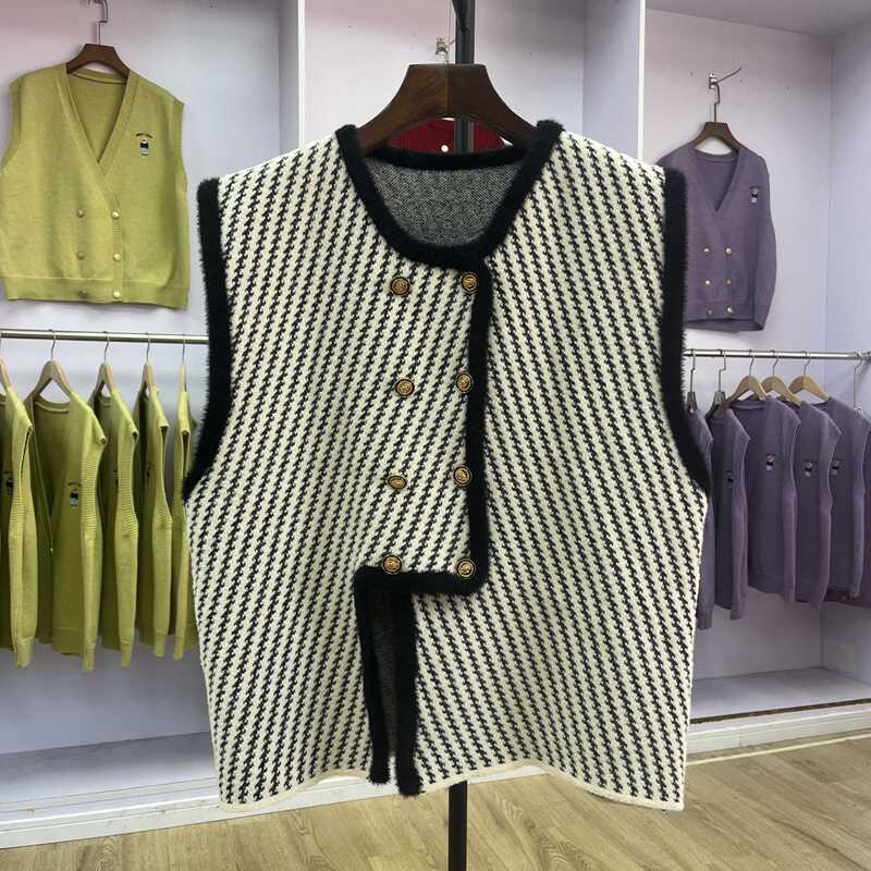 463 European-Style Small Fragrant Style Diagonal Striped Knitted Vest for Women, Autumn Fashion Zebra Pattern Sweater Jacket