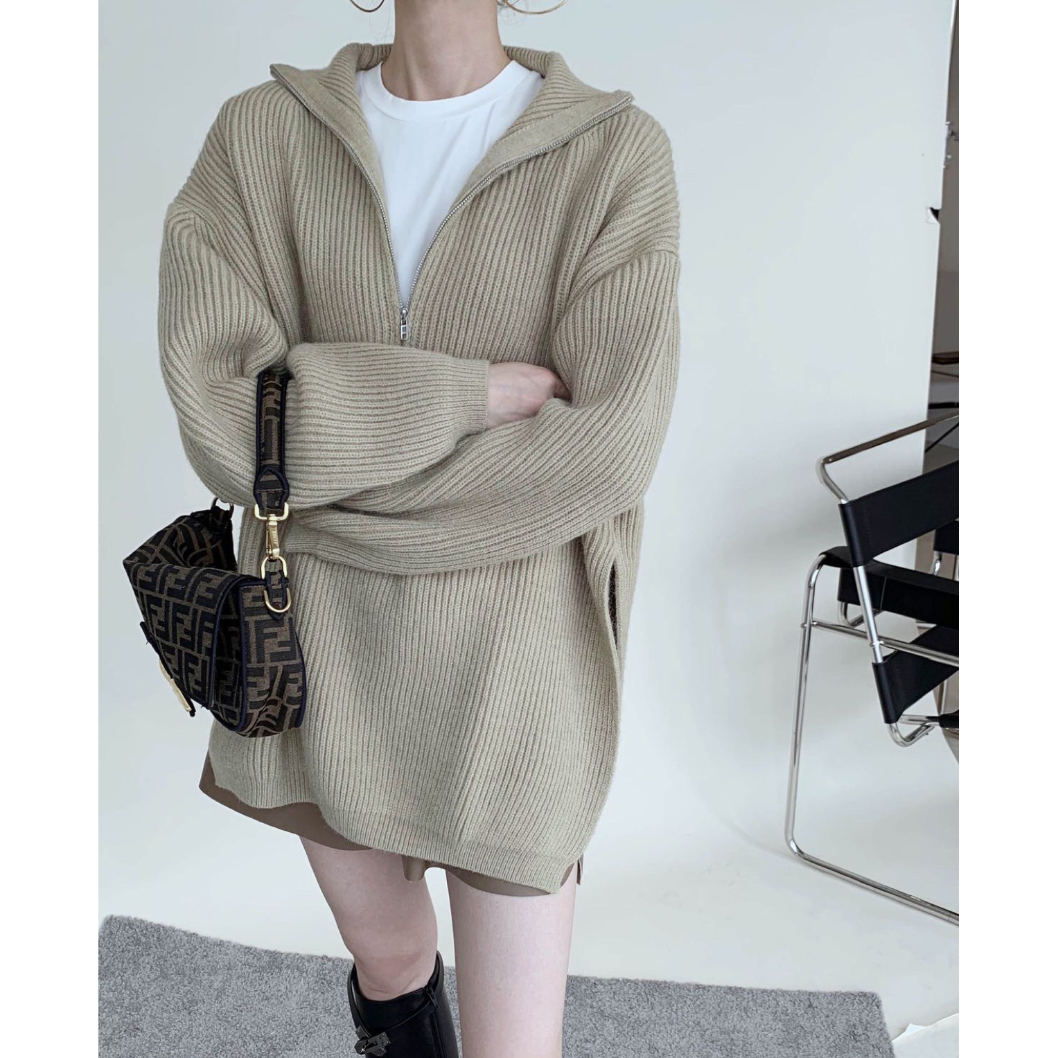 Korean version Outline Shape Side Open Fork Pull Chain Warm Sweater Women Loose Casual Mid-To-Long-Knitted Sweatshirt
