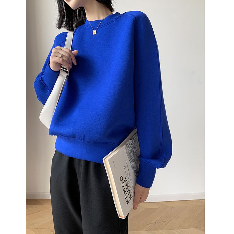 Spring and Autumn 2022 new simple fashionable blue cocoon type short air layer sweatshirt women's fashionable space cotton short coat