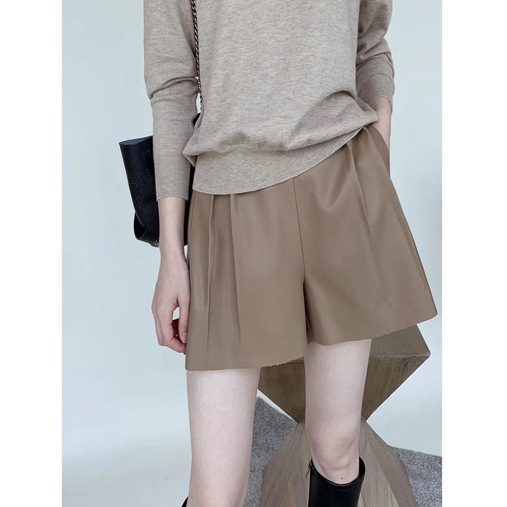 Autumn Winter New High Waist Wide Leg PU Leather Shorts Women Trendy Import Little Goat Leather Pants Suit Shorts A-word Casual Pants