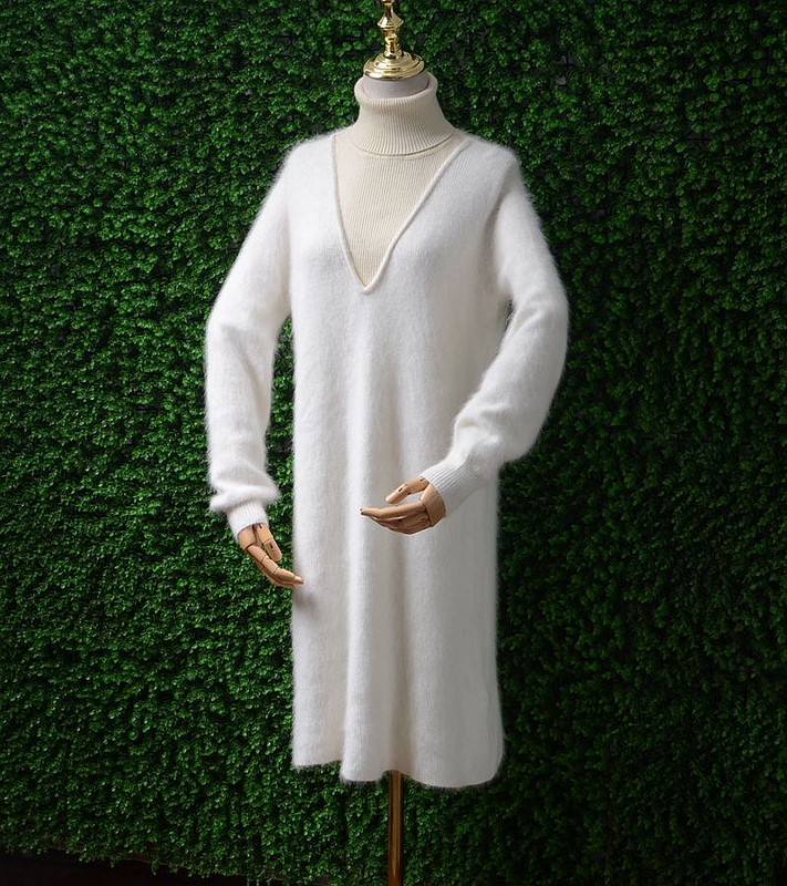 Korean-Style White Angora Rabbit Fur Turtleneck Lazy Style Elegant Pullover Long-Sleeve Dress Sweater for Women Korean-Style White Angora Rabbit Fur Turtleneck Lazy Style Elegant Pullover Long-Sleeve Dress Sweater for Women