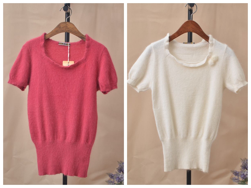 New Solid Color Angora Rabbit Fur Versatile Sweet Slim-Fit Round Neck Short-Sleeve Sweater for Women