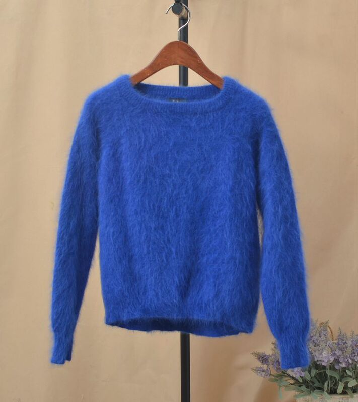 Autumn and Winter New Product Angora Rabbit Fur Blue Slim-Fit Comfortable Warm Base Pullover Sweater for Women