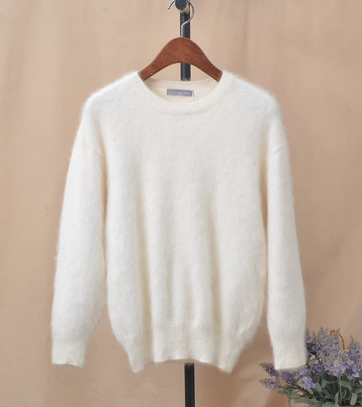 Korean Style Fashionable Autumn and Winter New Product Angora Rabbit Fur White Loose Versatile Stylish Pullover Sweater for Women