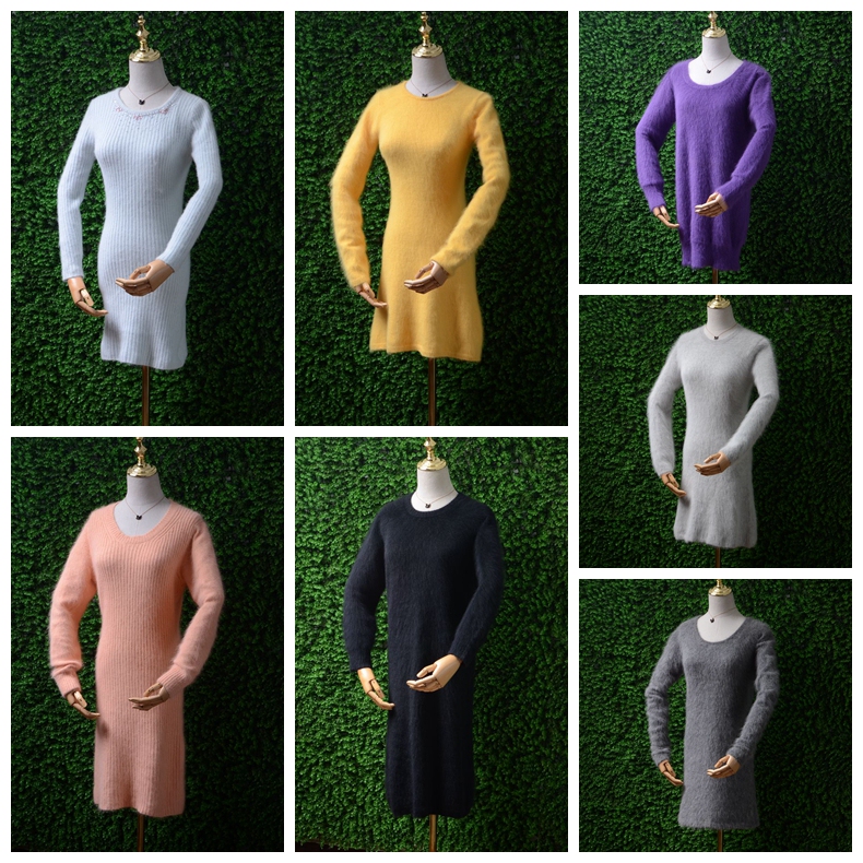 Autumn and Winter New Style Angora Hair-Free Rabbit Fur Round Neck Waist-Cinching Elegant Charming Long-Sleeve Dress Warm Sweater for Women