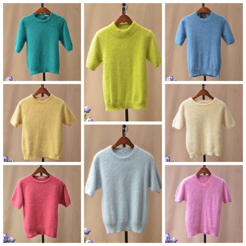 New Solid Color Angora Rabbit Fur Versatile Candy-Colored Round Neck Short-Sleeved Sweater for Women