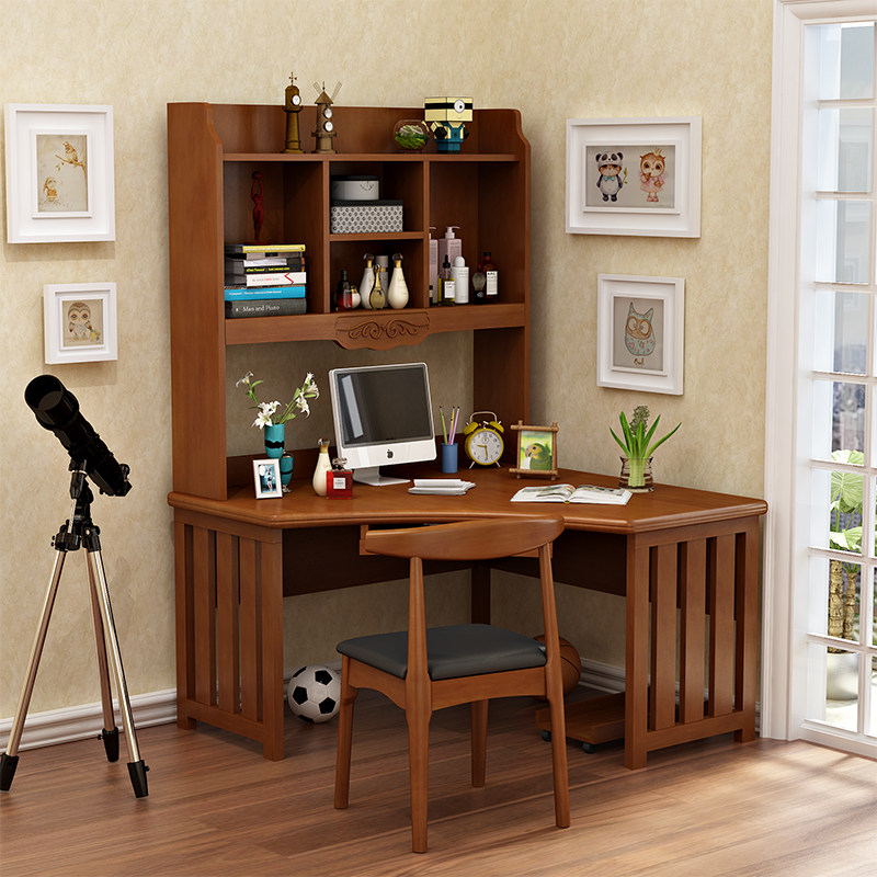 All solid wood corner desk with bookshelf combination bedroom bookcase desk one computer desk home student writing desk