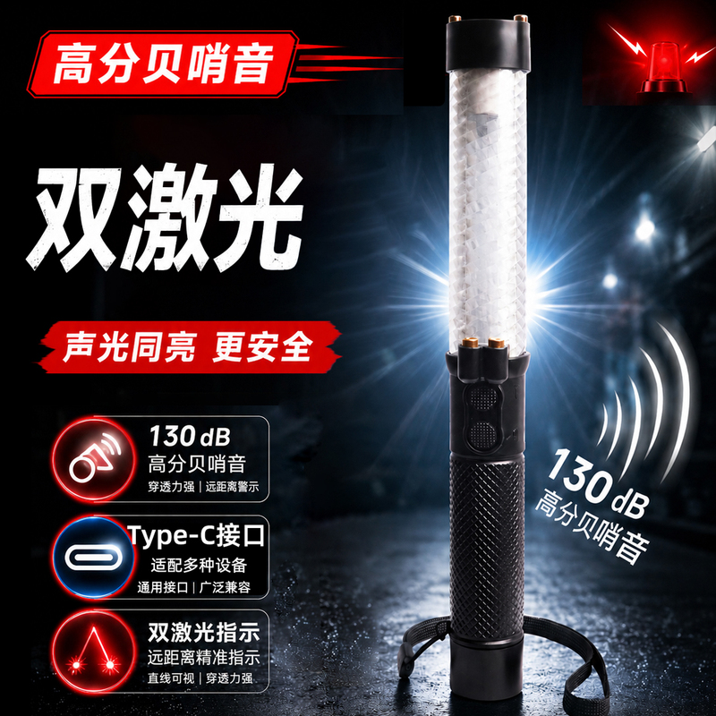 Anxiang High-Decibel Whistle Laser Baton Portable Dual-Laser Type-C Rechargeable Red and Blue Flashing Fluorescent Stick