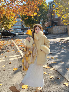 Dbydoi fox fur cuffs fur collar cloak short wool coat women's autumn and winter windbreaker double-sided woolen coat
