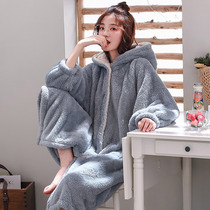 Nightgown womens winter flannel bathrobe nightgown cute net red coral velvet pajamas thickened long autumn and winter models