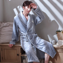 Coral velvet nightgown Mens autumn and winter thickened coral velvet bathrobe mens large size spring and autumn long yukata autumn and winter