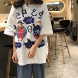 Мультяшная длинная футболка с коротким рукавом для школьников, свободный крой, средней длины