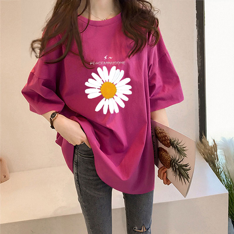 Rose red [393 little daisies]Big size Women's wear 2021 summer Korean version Medium and long term summer jacket Lazy wind Middle sleeve easy Short sleeve T-shirt female