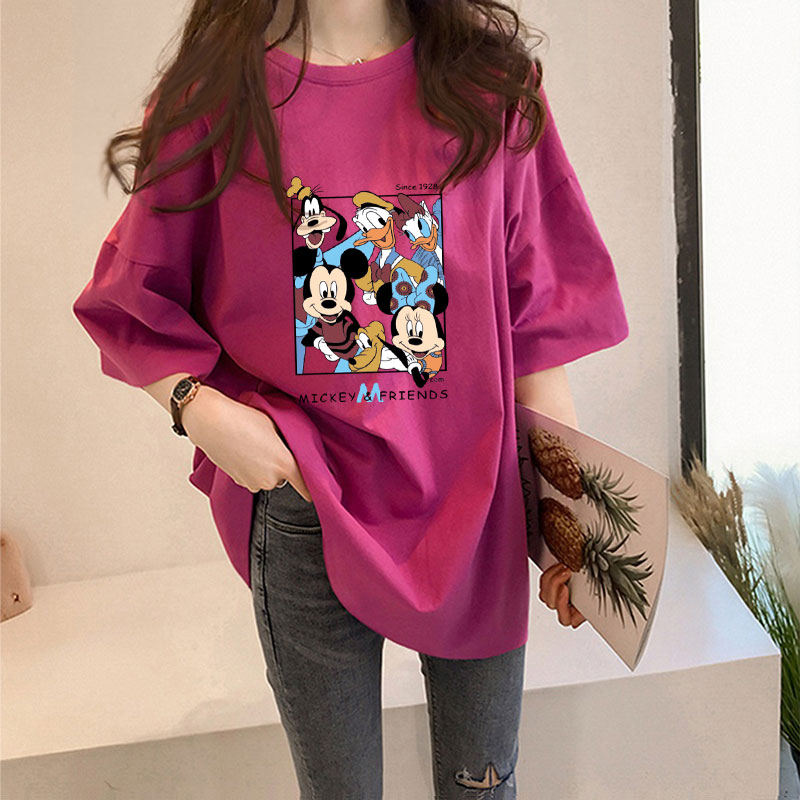 Rose Red [452 Five Friends Mickey Alphabet]Big size Women's wear 2021 summer Korean version Medium and long term summer jacket Lazy wind Middle sleeve easy Short sleeve T-shirt female