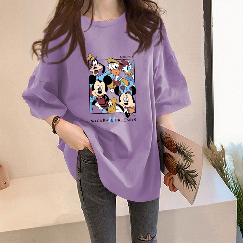 Purple [452 five friends Mickey alphabet]Big size Women's wear 2021 summer Korean version Medium and long term summer jacket Lazy wind Middle sleeve easy Short sleeve T-shirt female