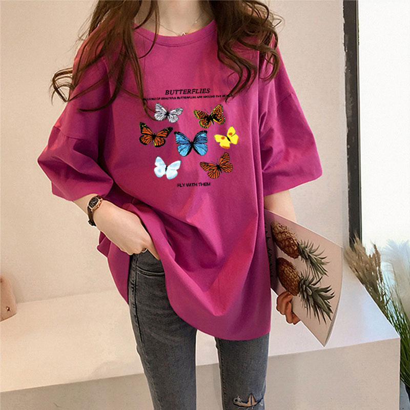 Rose Red [487 Colorful Butterfly Letters]Big size Women's wear 2021 summer Korean version Medium and long term summer jacket Lazy wind Middle sleeve easy Short sleeve T-shirt female