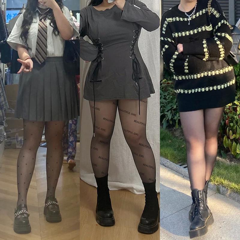 Plus Size Sexy 100kg Black Stockings for Plus-Size Women, Anti-Snag Thin Lettered Polka Dot Black Stockings for Spring and Autumn