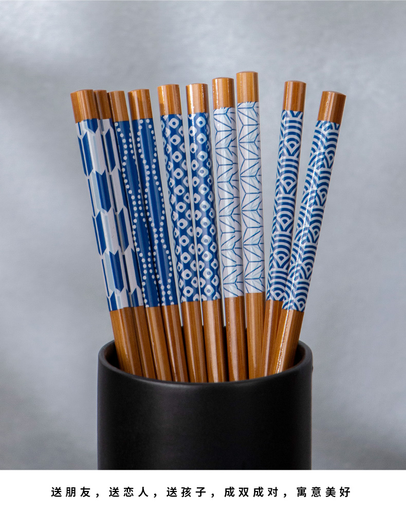 Five people use imported teaspoons of Five pairs of chopsticks sets of bamboo chopsticks + and wind patterns ceramic glaze next Five color spoon, spoon