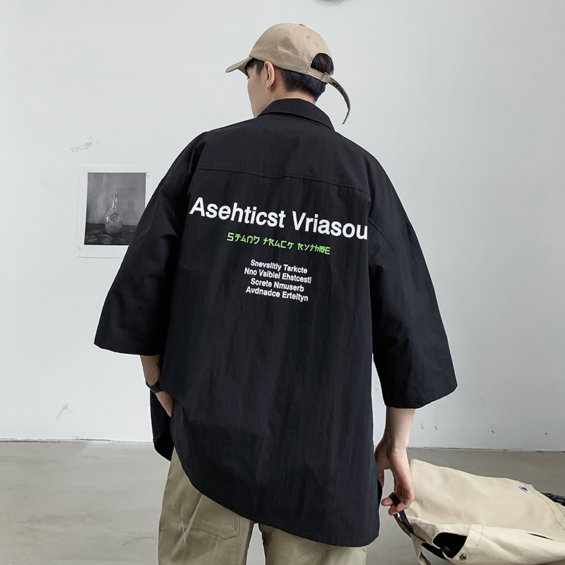 Port Wind Short Sleeve Shirt Male Loose Handsome 70% sleeves Overalls Trendy American Casual Student Shirt