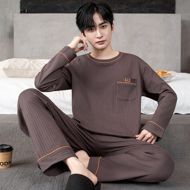 Spring and Autumn New Men's Long-Sleeve Long-Pants Pajamas Pure Cotton Ribbed Crew Neck Pullover Large Size Double Pocket Loungewear Set Spring and Autumn New Men's Long-Sleeve Long-Pants Pajamas Pure Cotton Ribbed Crew Neck Pullover Large Size Double Pocket Loungewear Set