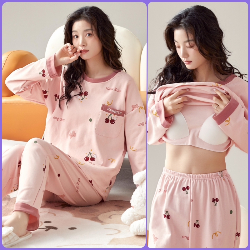 Spring and Autumn New Style Women's Pajamas with Chest Pads, Pockets, Long Sleeves, Long Pants, Casual and Comfortable, Can Be Worn Outside, Home Wear Set for Mom Spring and Autumn New Style Women's Pajamas with Chest Pads, Pockets, Long Sleeves, Long Pants, Casual and Comfortable, Can Be Worn Outside, Home Wear Set for Mom