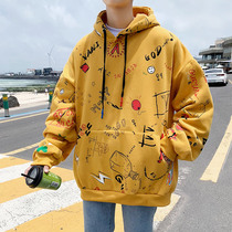 Hip-hop printed sweater mens spring and Autumn loose student cute thickened top Korean version of the trend hooded jacket men