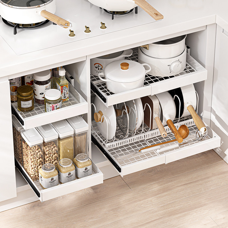 (Special for good things experience, do not shoot) Pull-out pot racks are free to install telescopic integral cabinets for storage and pull-out baskets