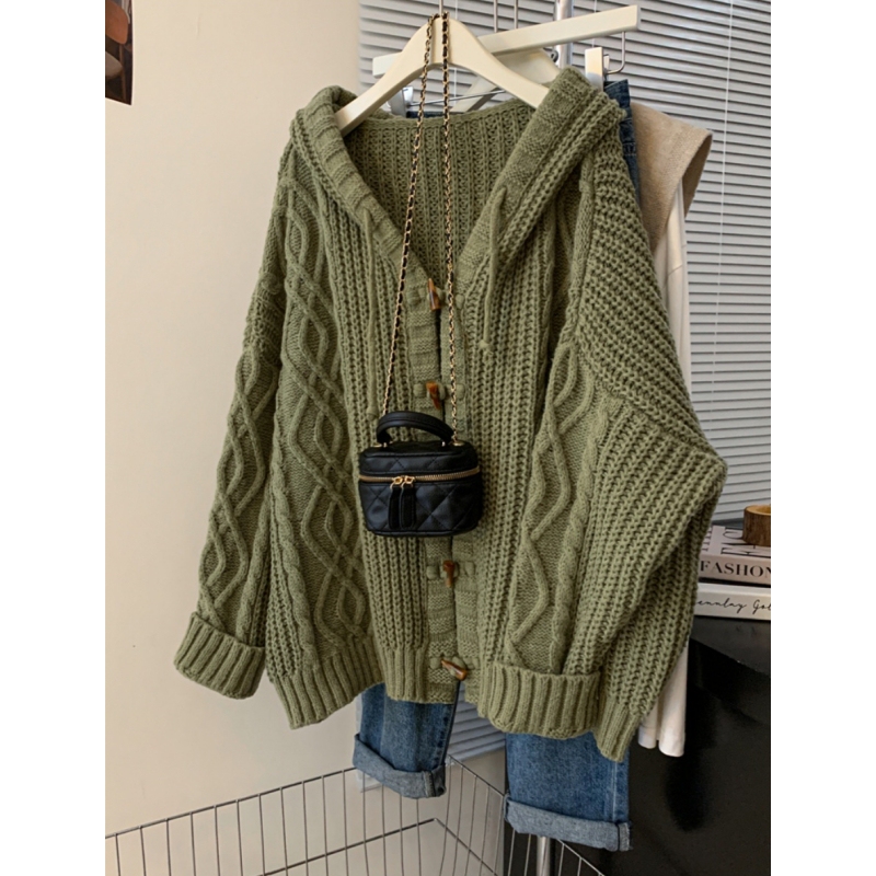Plus-Size Women's Autumn and Winter 2026 New Green Toggle Button Hooded Sweater Thick Knit Jacket Top