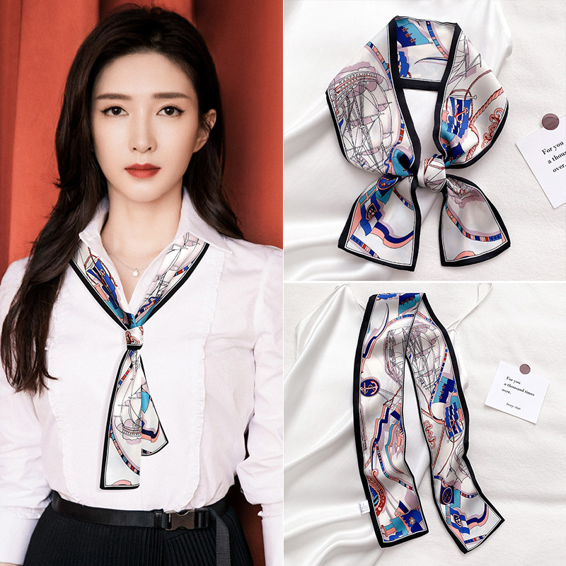 Silk scarf women's 2023 new spring and autumn thin and narrow strip tied bag hairband streamer with shirt tie decorative scarf