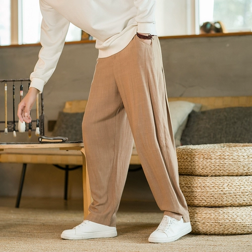 Летние тонкие дышащие штаны для отдыха, китайский стиль, из хлопка и льна, свободный прямой крой