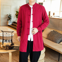 中国风复古男装中长款立领衬衫唐装棉麻披风衣外套中式长衫居士服