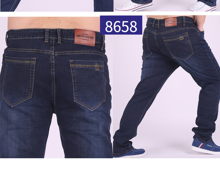 Quần jean nam size rộng, phần thẳng, dày, co giãn cộng với phân bón Quần dài XL chất béo Người béo ở eo cao quan ao nam