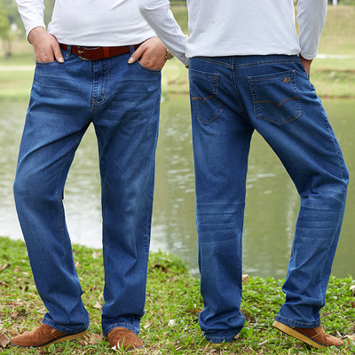 Mùa hè phần mỏng cộng với phân bón XL đàn hồi cao eo là mỏng ánh sáng màu jeans nam dài quần trẻ chất béo fat man Cao bồi