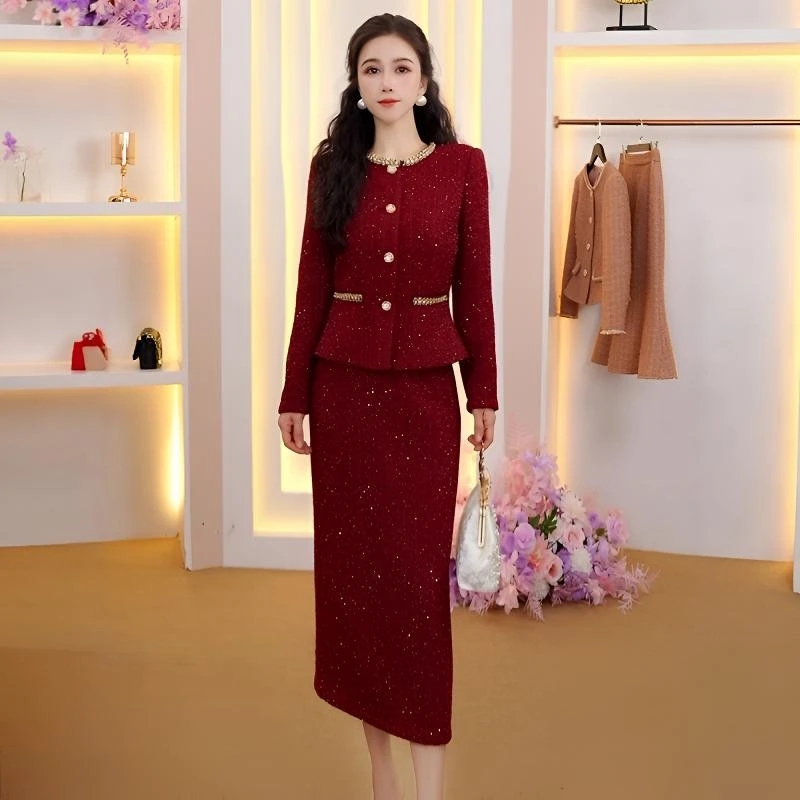 Mother-In-Law's Wedding Banquet Dress Two-Piece Set for Women 2026 New Red Chanel-Style Autumn and Winter Suit Toast Dress with Skirt