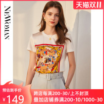 Heavy silk T-shirt female 2021 summer new short sleeve mulberry silk stitching cotton loose print foreign style shirt top