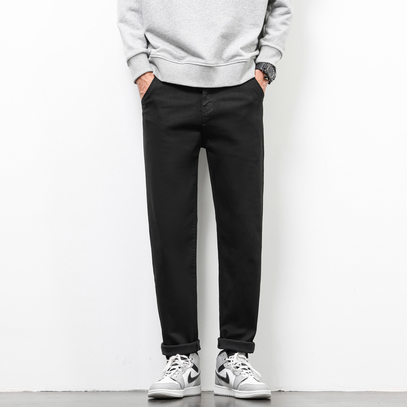 Autumn and Winter Black Fleece-Lined Casual Jeans, Straight-Leg Long Pants, Versatile Slim-Fit Pants, Slightly Tapered Comfortable Cotton Pants