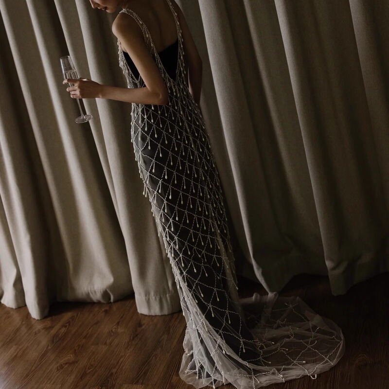 Evening Dress for Women 2024 New Style High-End V-Neck Dress Fully Hand-Beaded Vintage Tassel Women's Photo Shoot Bride Evening Dress for Women 2024 New Style High-End V-Neck Dress Fully Hand-Beaded Vintage Tassel Women's Photo Shoot Bride