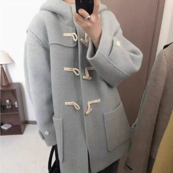 Women's hooded horn button coat mid-length woolen coat