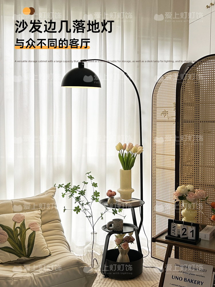 <!--复古美式落地灯客厅沙发旁置物摆件边几中古风卧室床头柜台灯一体-->