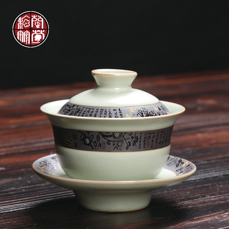 Kung fu tea tureen large bowl to bowl three Chinese violet arenaceous elder brother office household ceramics up heat with tea