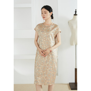 A hint of dunhuang flying rabbit thread gold jacquard 100% mulberry silk ສີທີ່ແຕກຕ່າງ ຍາວຊຸດຈີນແບບໃຫມ່